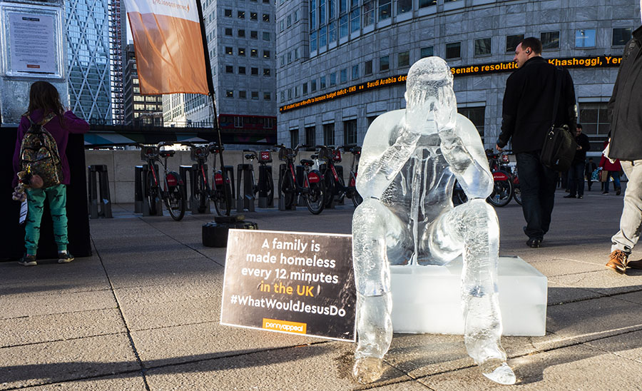 Homeless Ice Sculpture in Canary Wharf