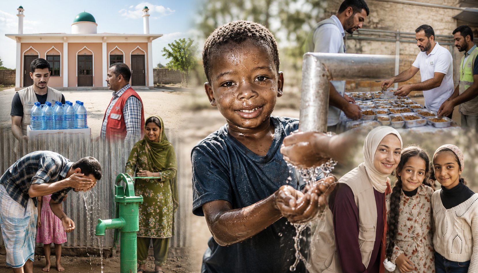 A child receiving water from a well surrounded by other images of children and families receiving support from Penny Appeal.