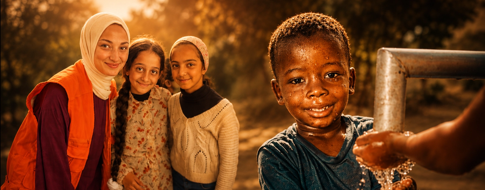3 children and a Penny Appeal worker smile at the camera.