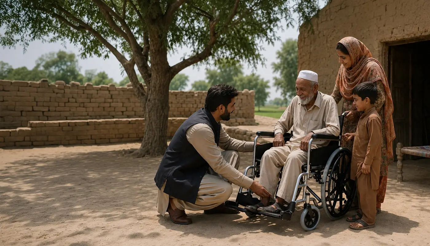 A man kneels to help an elderly man in a wheelchair while his family stand behind him.