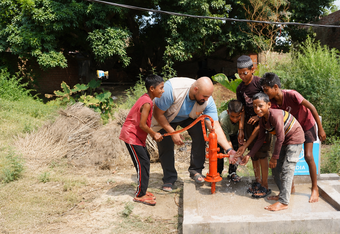 A group of smiling children using their newly installed water pump with Baha, Penny Appeal project manager, in a rural village in India.