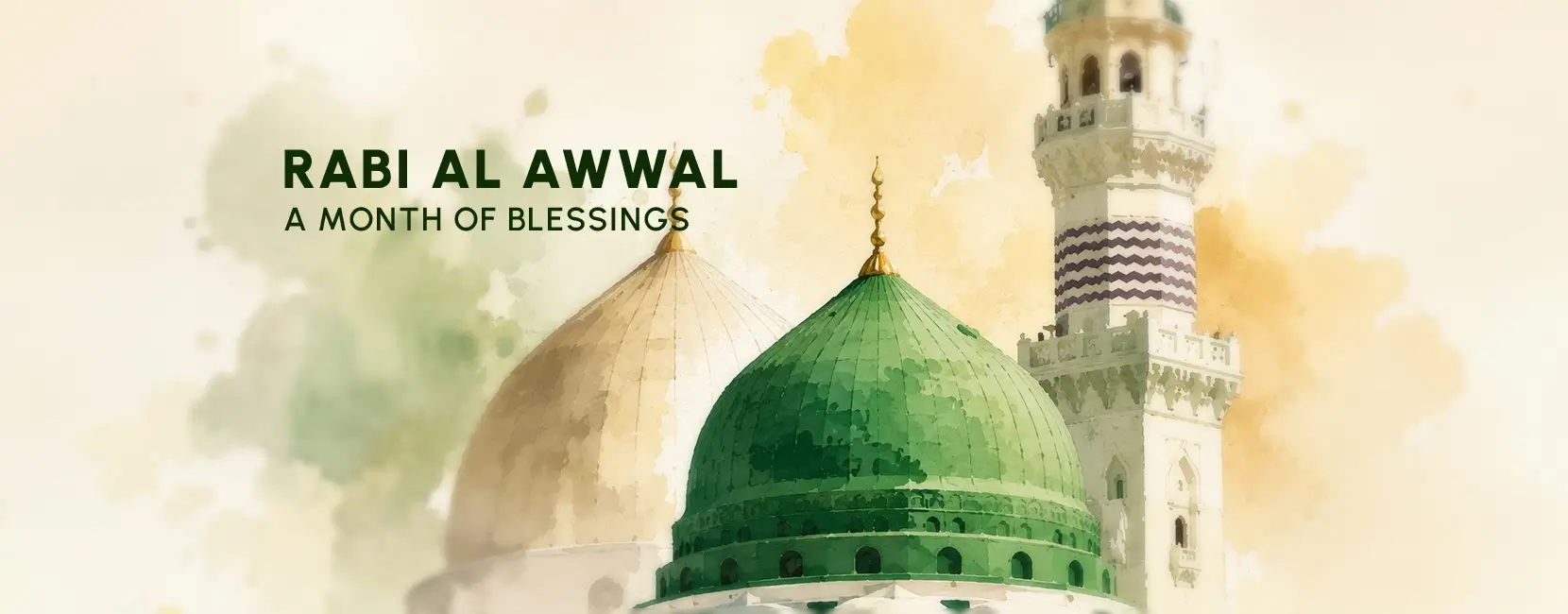 Watercolour image of a Mosque with the text "Rabi Al Awwal A Month of Blessings"