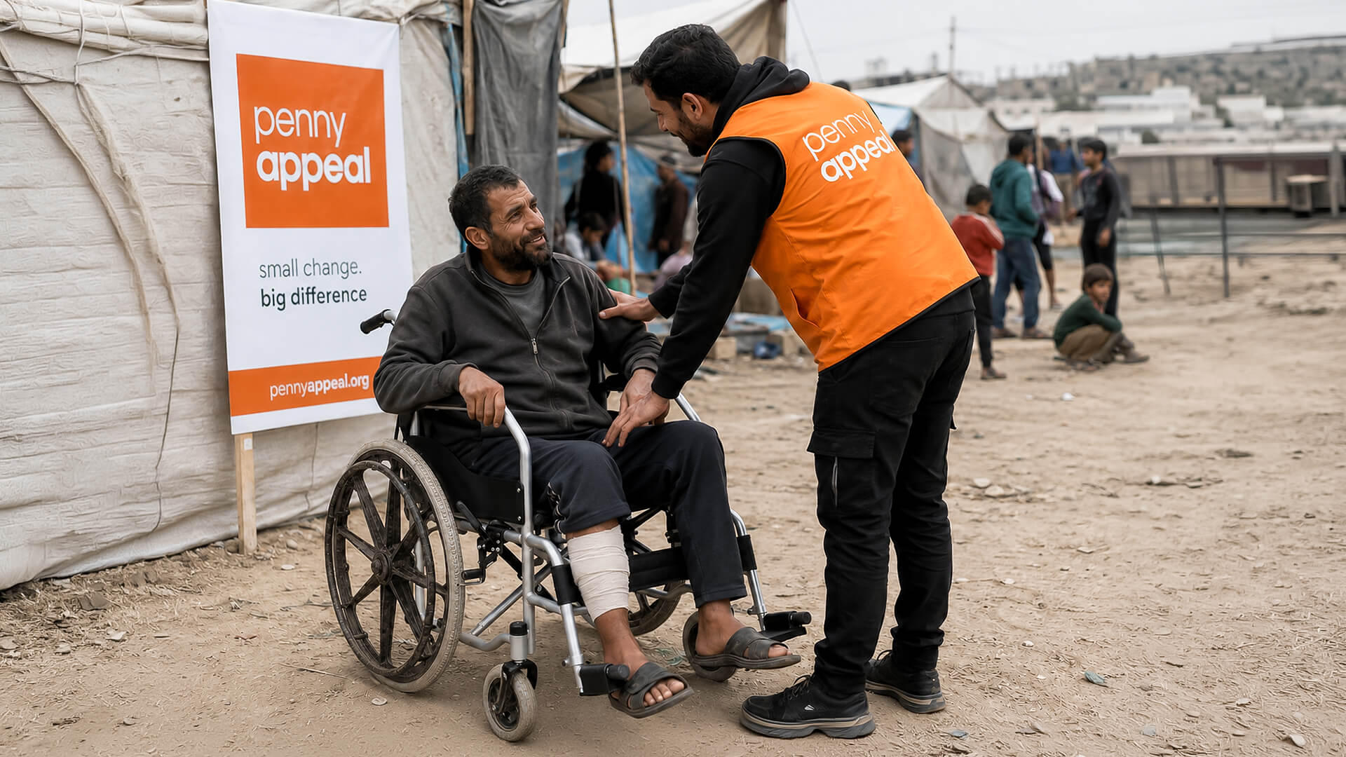 A Penny Appeal worker speaks with a man in wheelchair.