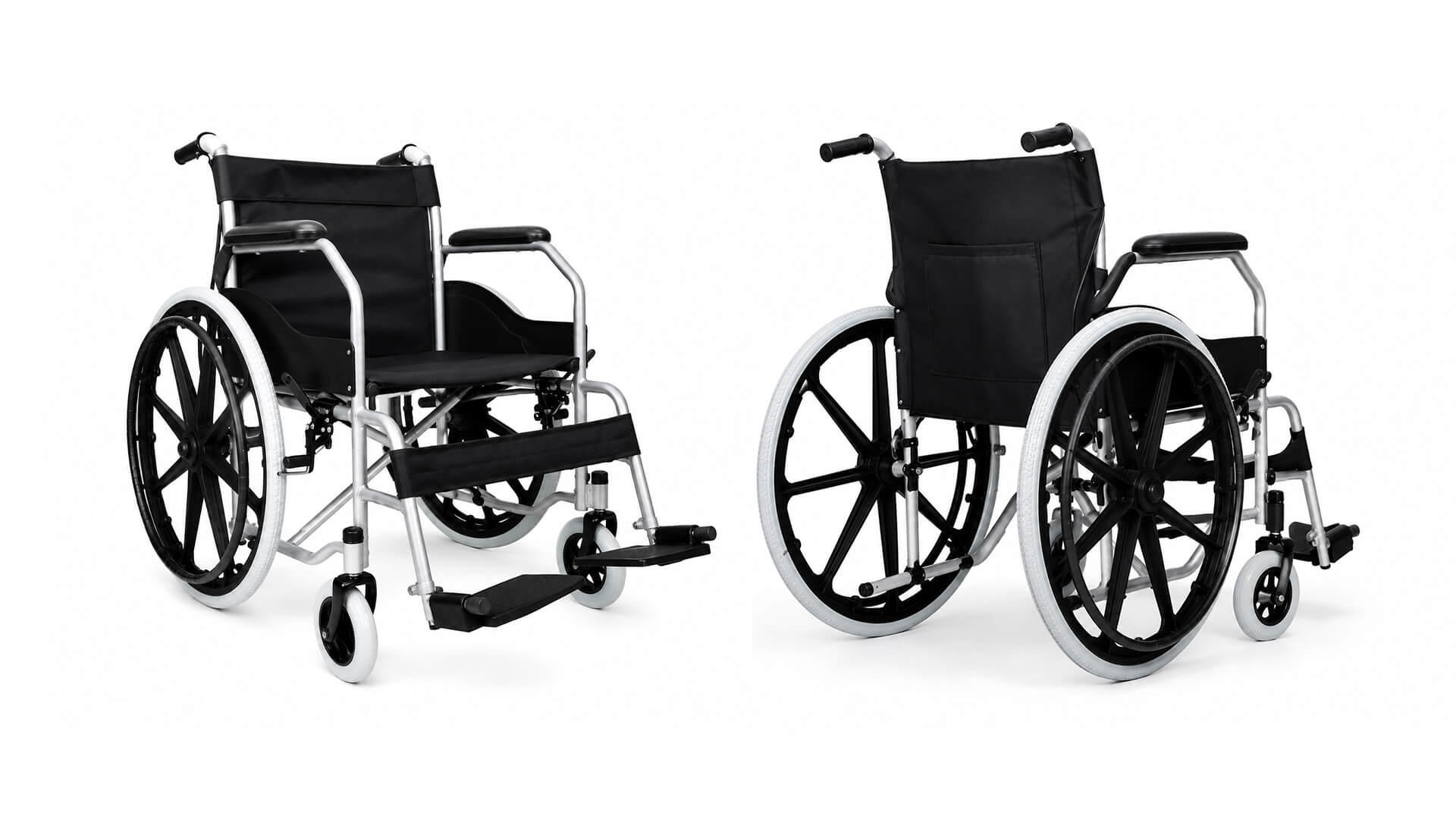 Image of the front and back of a black wheelchair.