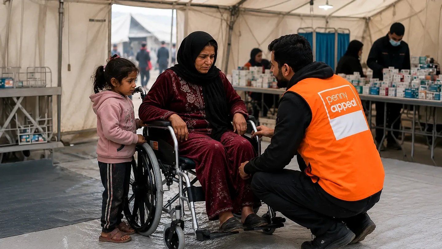 A Penny Appeal worker speaks with a woman in a wheelchair with her child standing nearby.