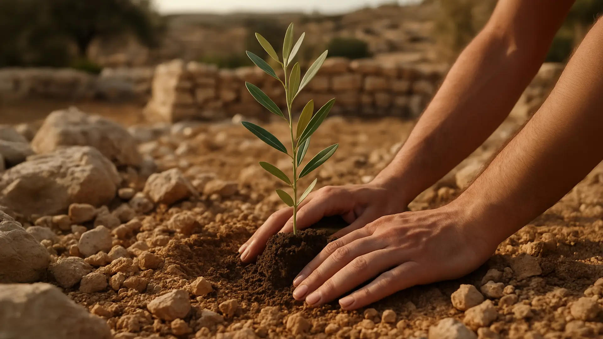 Hands planting a small olive tree into the dirt.