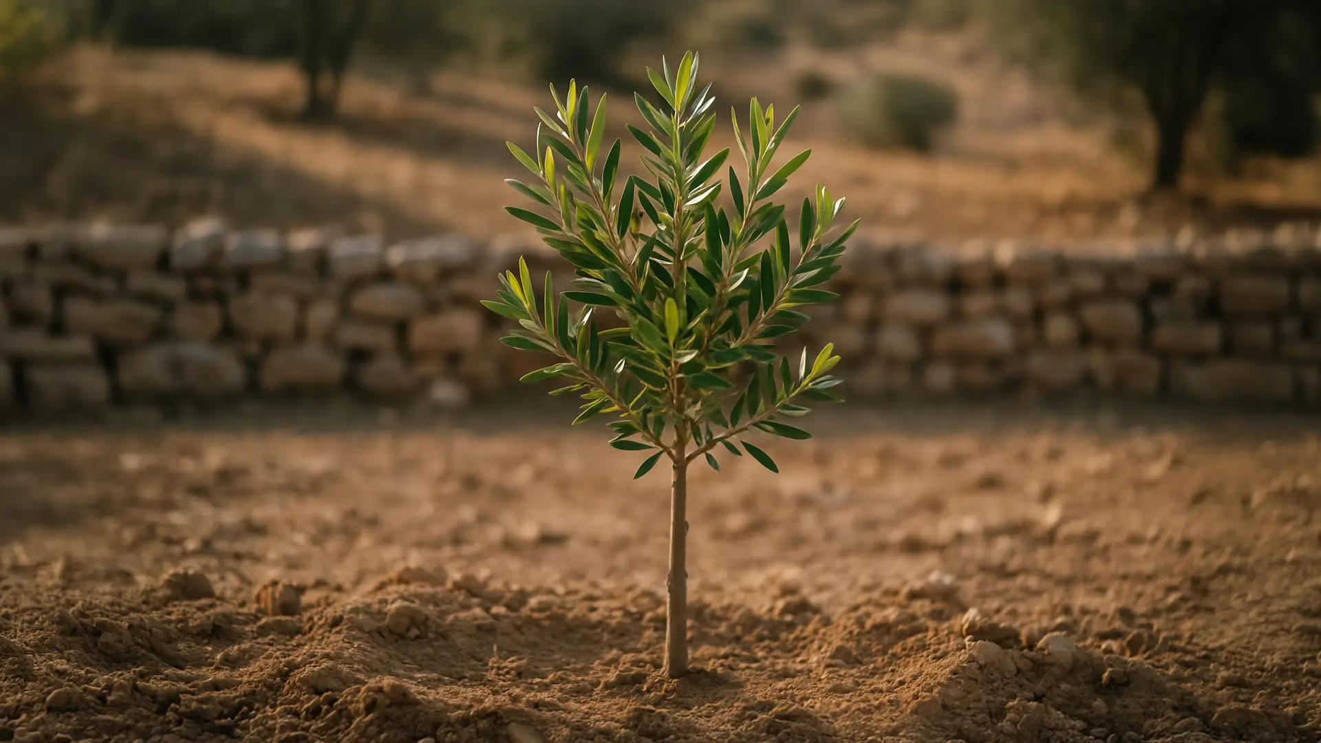 A small olive tree grows in the dirt with a stone wall in the background.