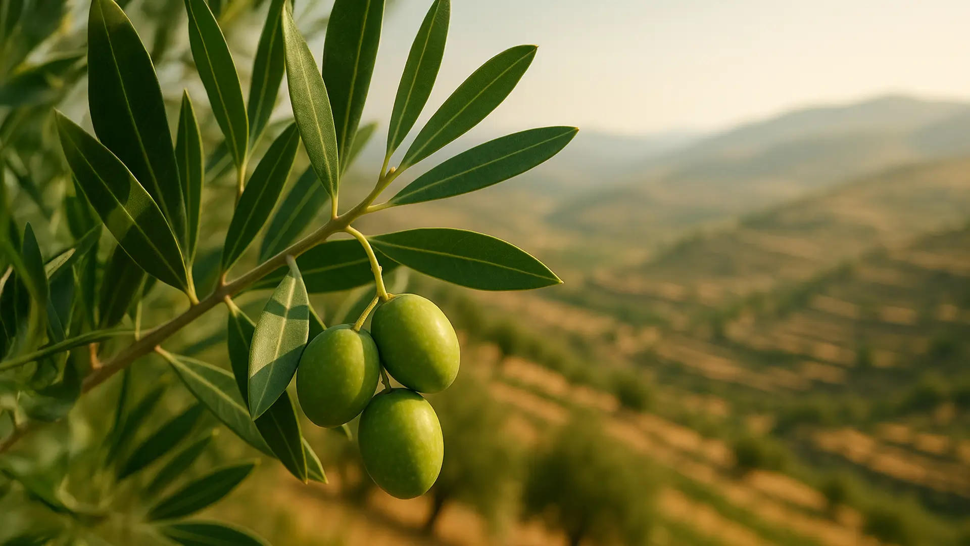 A close up of olives growing on an olive tree with fields visible in the background.
