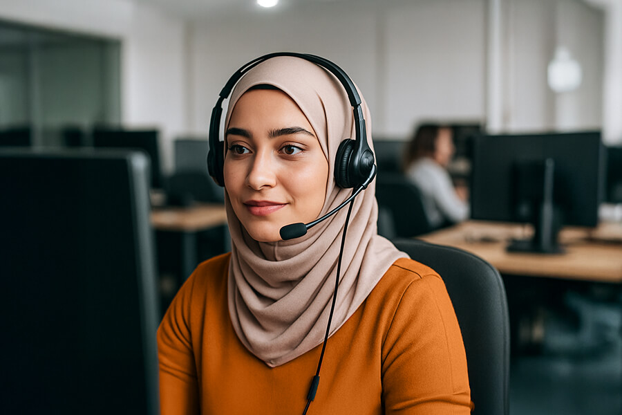 A woman wearing a beige hijab and headset works at a computer in a modern office, representing the contact centre team at Penny Appeal, ready to assist with enquiries.